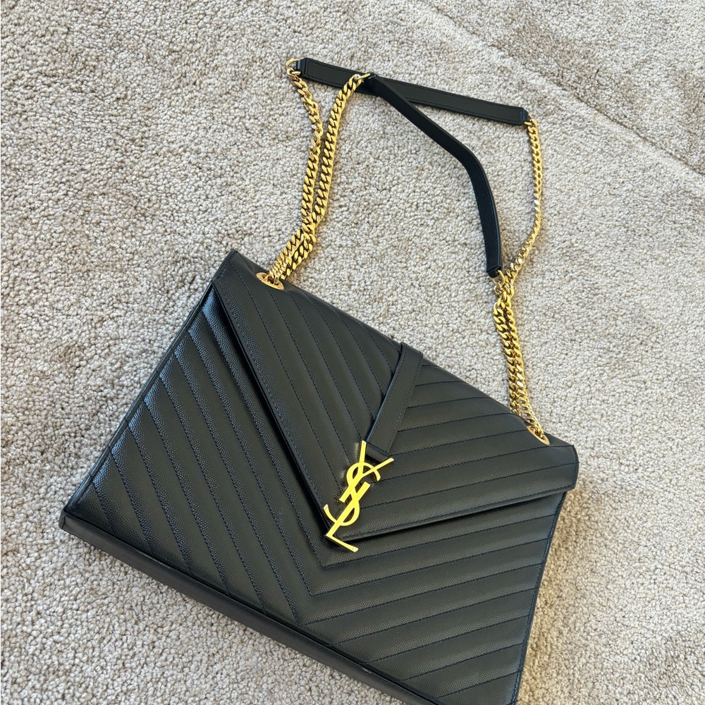 Yves Saint Laurent Black Shoulder Bag with Gold Chain and Quilted Design
